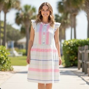 Vineyard Vines Guava Multi Stripe Dress Ruffle Sleeves Fully Lined Neon Size 14